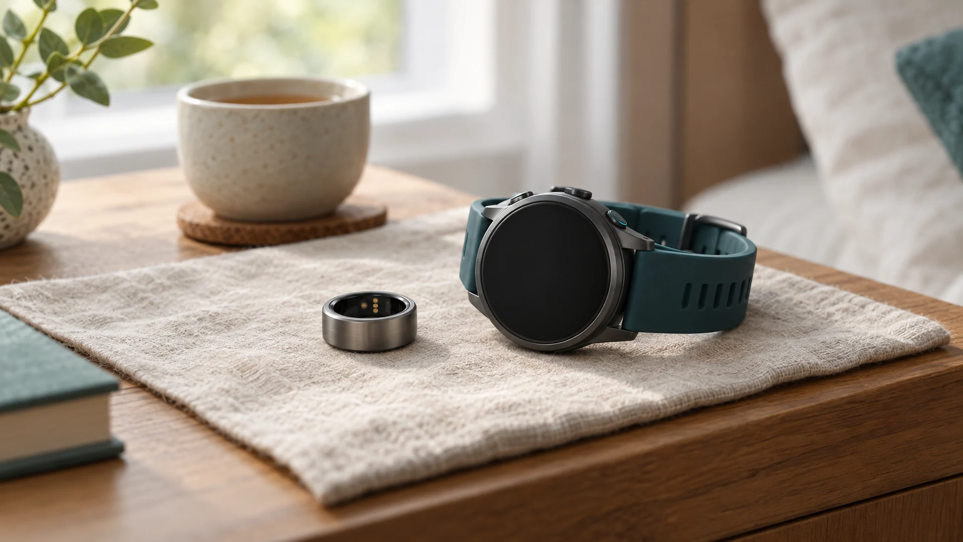 A smart ring and a sports watch side by side on a linen cloth on a bedside table in morning light