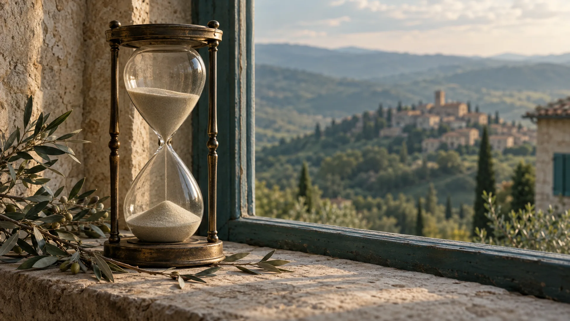 An old hourglass with pale sand on a stone windowsill, green hills in afternoon light behind the window